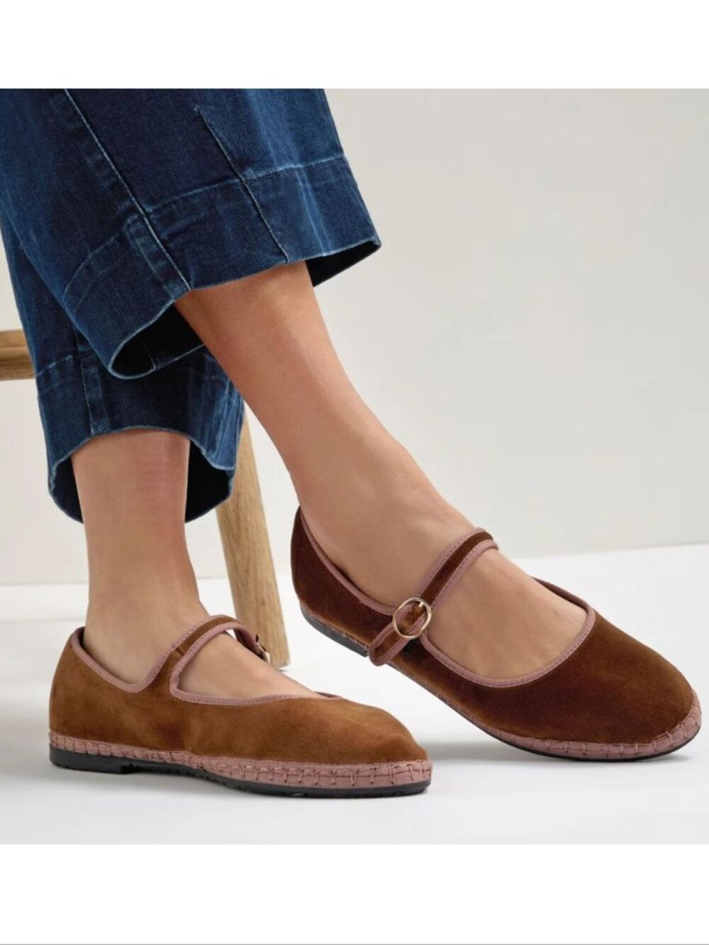 Women's Brown Suede Mary Jane Flats with Round Buckle